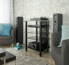 Stand Rack 5 Shelf Cabinet Black Glass Black Legs Extra deep 500mm
