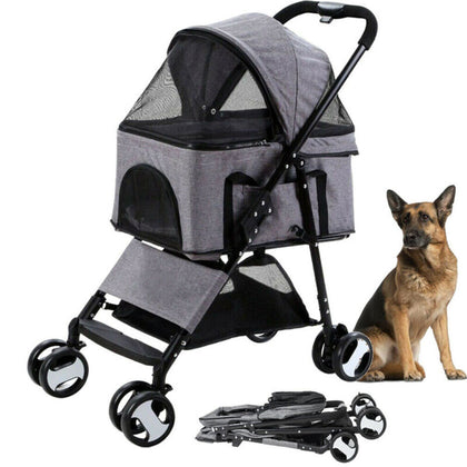 Large Pet Stroller Foldable Dog Cat Travel Carriage with Detachable Carrier Cart