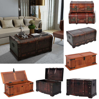 Retro Wooden Treasure Chest Vintage Storage Box Trunk Coffee Table Lockable UK