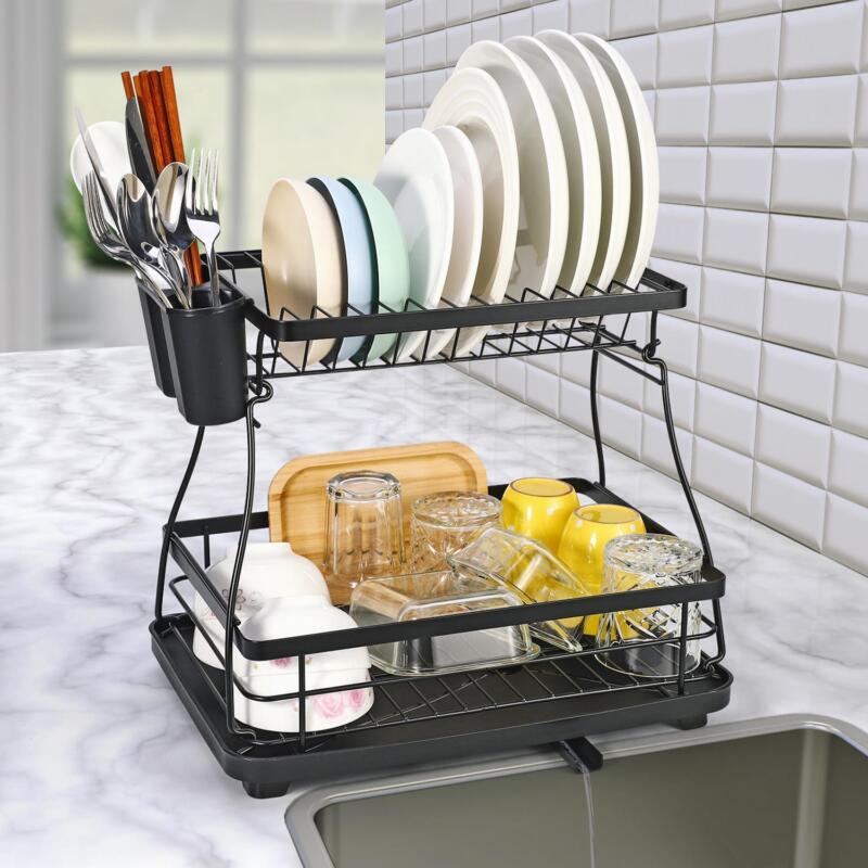 Auto Dish Rack Black 2-Tier Detachable Dish Rack Modern with Auto Drainage System ...