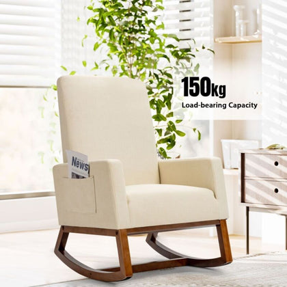 Modern Rocking Chair Upholstered Fabric Armchair Linen Padded Seat Rocker Chair