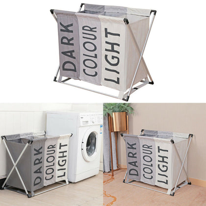 Large 3Section Laundry Bin Clothes Storage Basket Folding Washing Bin Waterproof