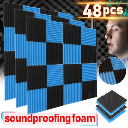 48pcs Blue&Black Studuio Soundproofing Acoustic Wedge Foam Tiles Wall Panels UK