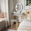 Dressing Table Vanity Set Make up Desk Oval LED Light Mirror with Stool Wood
