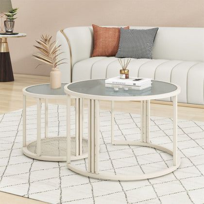 Modern Round Nesting Coffee Tables Set of 2 Glass Top Side End Tables NT