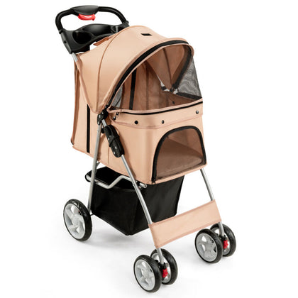 Folding Pet Stroller Portable Pet Travel Pushchair w/4 Wheels Safety Belt Holder