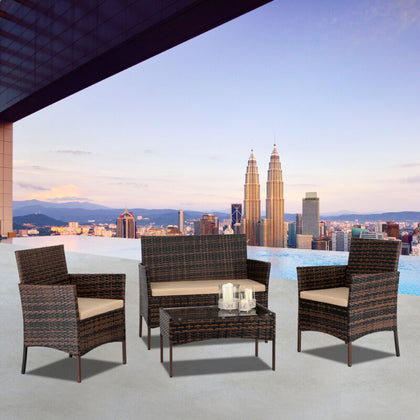 4PCS Brown Rattan Garden Furniture Set Patio Outdoor Sofa Table Chairs Set Home