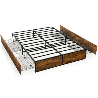 Small Double Iron Bed Frame 4 Underbed Storage Drawers Platfrom Bed Slat Base