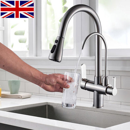 3 Ways Kitchen taps Pure Water Filter Pull Out Spray 360° Swivel Spout Mixer Tap