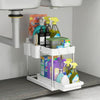 2 Tiers Under Sink Storage Shelf Organizer Rack 4 Hooks and 2 Hanging Cups White