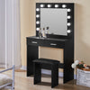 Fashion Black Dressing Table Makeup Desk w/ LED Light Bulbs Mirror Stool Bedroom