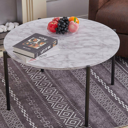 Large Round Coffee Table Marble Effect Wooden Top Tea Table Metal Frame 80x45cm