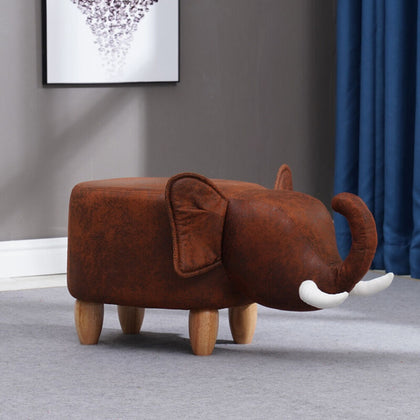 Brown Elephant Faux Leather Upholsterd Footstool Animal Stool Ottoman Wood Legs