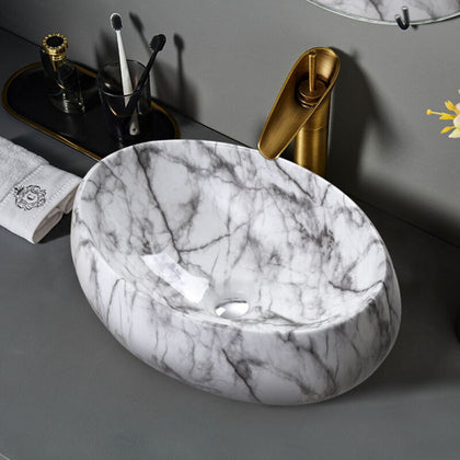 Oval Cloakroom Sink Countertop Basin 480x340mm Grey Marble Ceramic HandWash Bowl