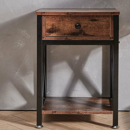 Wooden Bedside Table Cabinet Industrial 1-Drawer Side Table Nightstand Steel Leg
