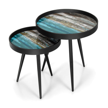 Set of 2 Coffee Table Stylish Nesting End Tables w/ Wooden Tray Top & Steel Legs