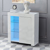 White Side End Table Wood Storage High Gloss Cabinet With LED Glass Living Room