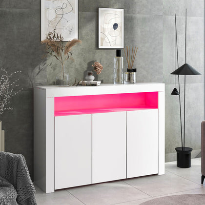 LED Sideboard High Gloss Buffet Display Cabinet TV Unit Stand 3 Doors White
