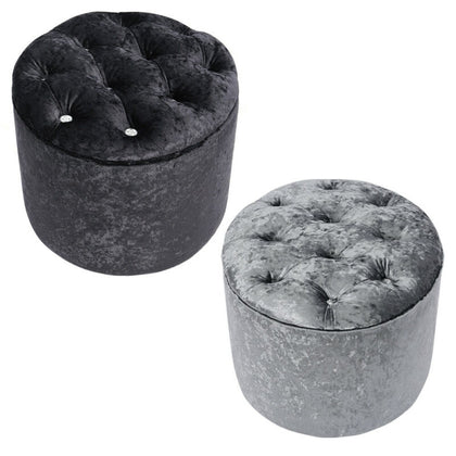 Round Pouffe Stool Seat Diamante Tufted Crushed Velvet Vanity Chair Footstool