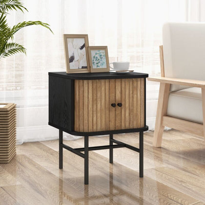 Wood Sofa Side Table Nightstand Compact End Table Storage Cabinet w/Sliding Door