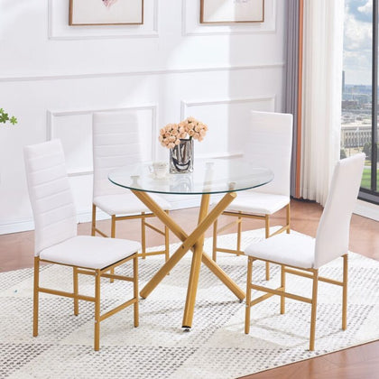 Round Clear Glass Dining Table & 4x White Faux Leather Dining Chairs Golden Legs