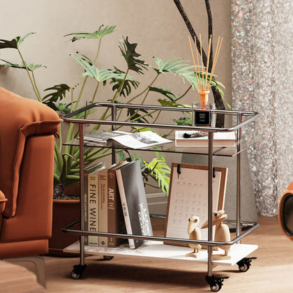 2-Tier Drinks Trolley Glass Marble Shelves Mini Bar Cocktail Table Open Cabinet