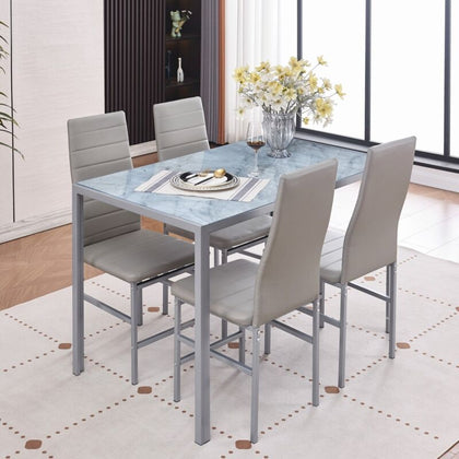 Grey Marble Tempered Glass Dining Table & 4x Grey Faux Leather Dining Chairs Set