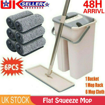 360° FLAT FLOOR MOP & BUCKET SET MICROFIBER MOP HEADS DRY WATER CLEANER CLEANING