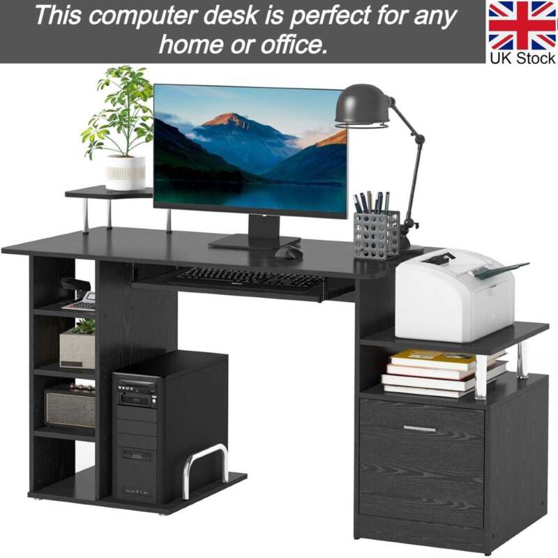 Modern Wooden Office Desk Computer Table w/ Storage Shelves Drawer PC ...