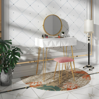 White Dressing Table Vanity Makeup Desk Set w/ Round Mirror Stool Drawer Bedroom