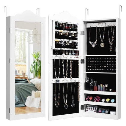 Wall-mounted Jewelry Storage Cabinet Door Hanging Jewelry Armoire w/ Full Mirror