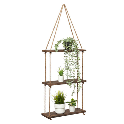 3 Tiers Wooden Hanging Rope Shelf Wall Mounted Floating Shelf Storage Rustic