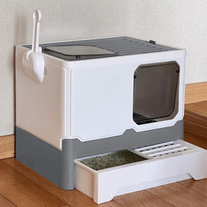 Foldable Double Door Cat Litter Box Pet Toilet Tray w/ Lid Drawer For Cat&Rabbit