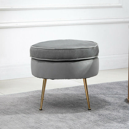 Modern Grey Velvet Footstool Ottoman Stool Round Metal Legs Living Room Office