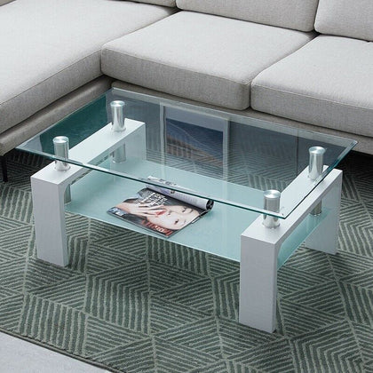 Modern White Glass Coffee Table 2 Tier With Shelf Rectangle MDF Legs Livingroom