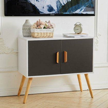 80cm Grey Elegant TV Stand Storage Cabinet Unit w/ Wood Legs 2 Shelves Cupboard