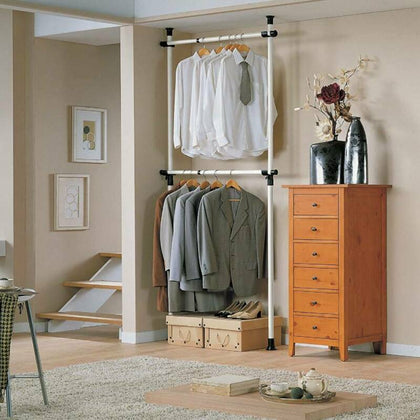 2 Poles 2 Bars Heavy Duty Clothes Drying Rack Foldable Telescopic Coat Hanger UK