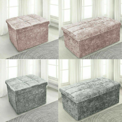 Crushed Velvet Diamante Ottoman Storage Box Folding Stool Space Saving Pink Grey