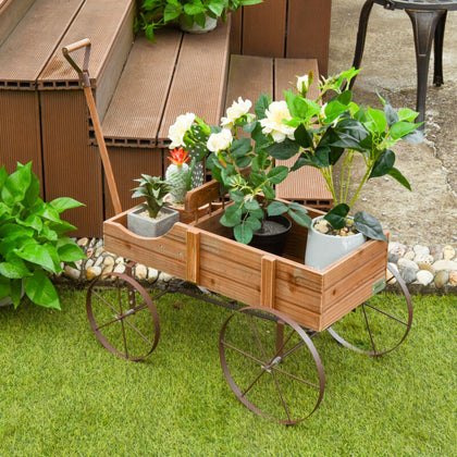 Wood Wagon Flower Planter Outdoor Decorative Pot Stand W/ Wheels & 2 Sections