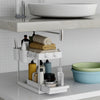 2 Tiers Under Sink Storage Shelf Organizer Rack 4 Hooks and 2 Hanging Cups White
