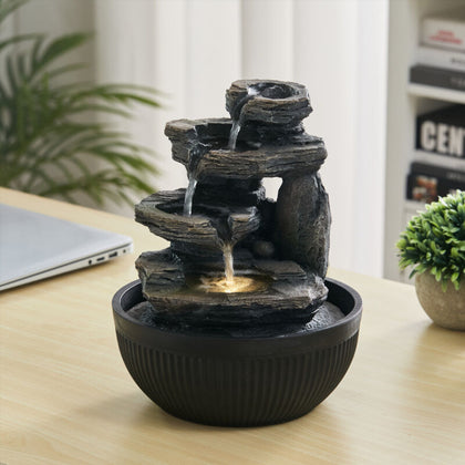Indoor Stone Fountain Water Feature LED Lights Polyresin Statues Home Desk Decor