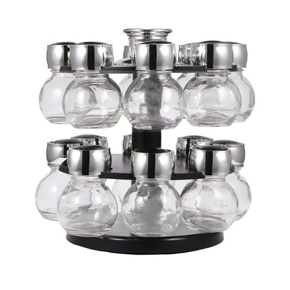 Rotating Revolving Plastic 16 Jar Spice Rack Storage Glass Jars & Chrome Lids