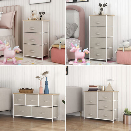Fabric Cabinets Storage Unit Chest of 3/4/5 Drawer Bedside Table Organiser Beige