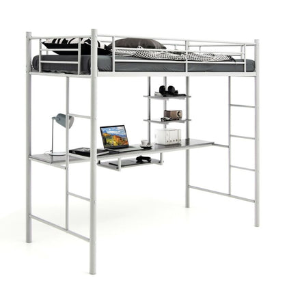 Metal Bunk Bed w/Desk Shelves and Safety Guardrail 2 Ladders Loft Bed Frame