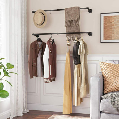 Clothes Rail Set of 2 Wall Mounted Clothes Rack Black Industrial Design
