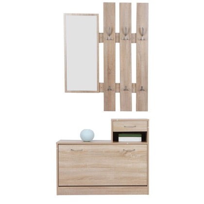 Wooden Hat and Coat Stand Clothes Shoe Rack With Mirror Hanger Hooks Shelf