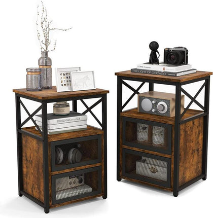 Pair Side Tables Tall Brown Rustic Display Shelves 2 Mesh Doors Black Metal X