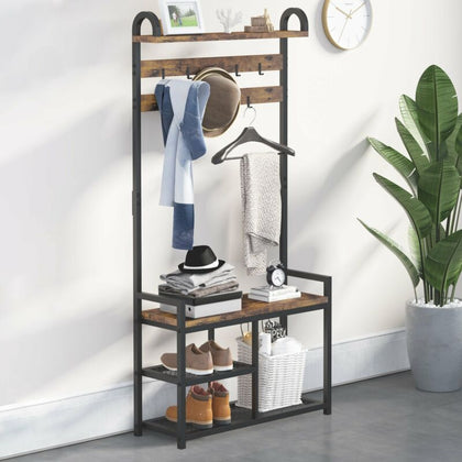 Functional Coat Rack Stand with Shoe Rack Storage Shelf & 9 Hooks Entryway Bench