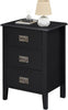 Black Bedside Table Tall Wooden Legs 3 Storage Drawers Silver Metal Drop Handles