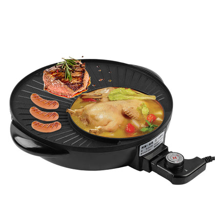 2 in 1 Non stick Electric Grill Hot Pot with Glass Lid BBQ Oven Cooking Kitchen